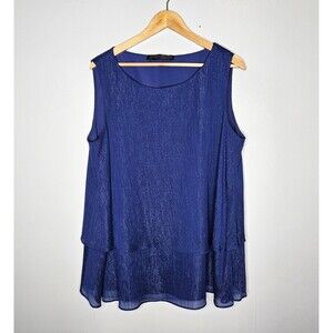 MARINA RINALDI Layered Sleeveless Blouse Women 14 Shimmery Blue Sleeveless Flowy